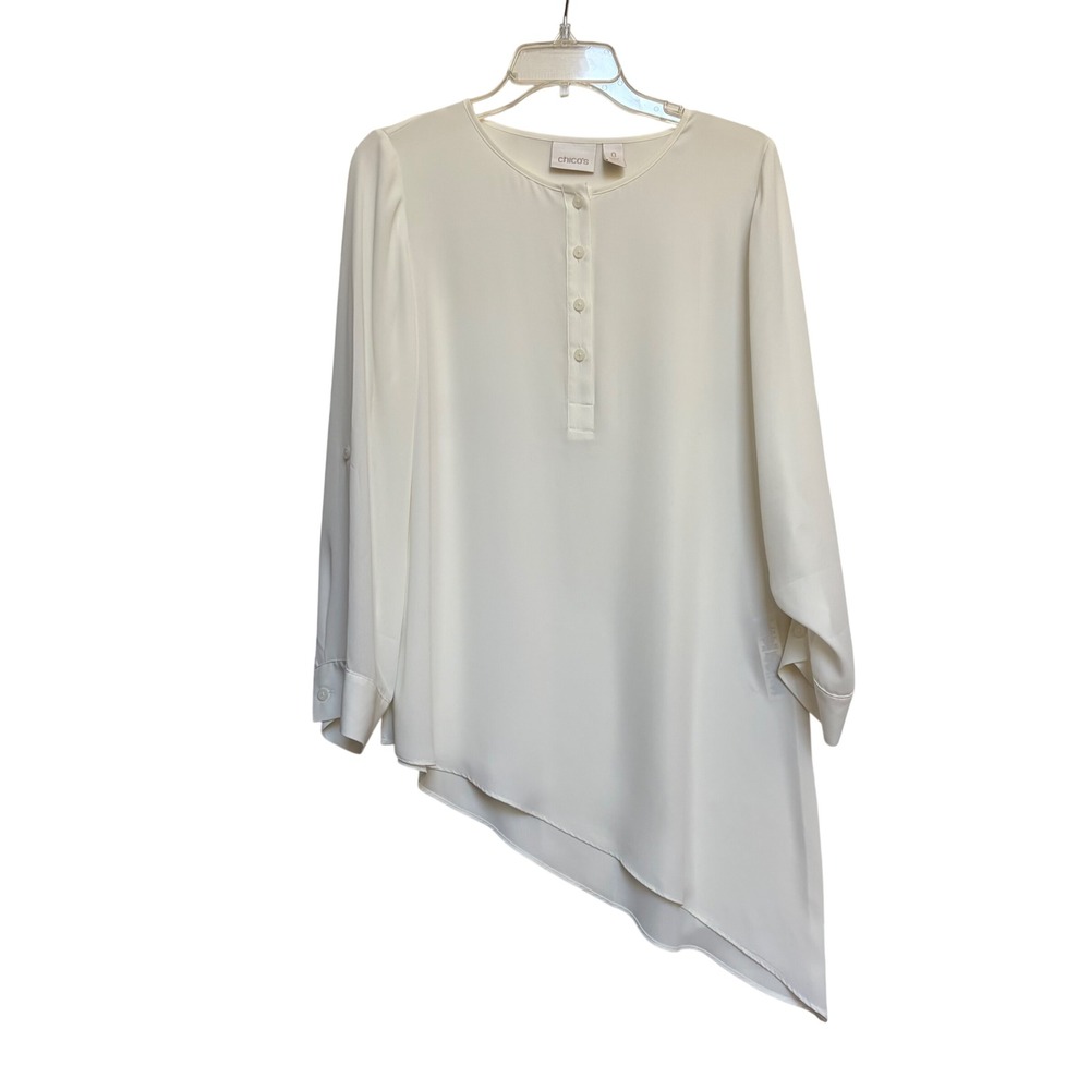 Chicos‎ Cream Asymmetrical Sharkbite Hem Henley Blouse Roll Tab Sleeves Size 0 S